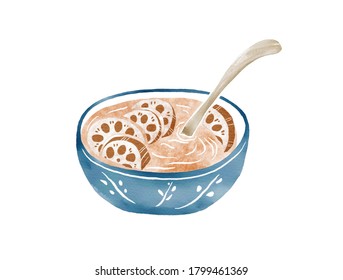 Watercolor Illustration Of Chinese Cuisine - A Bowl Of Lotus Root Soup With A Wooden Spoon Inside | 莲藕汤