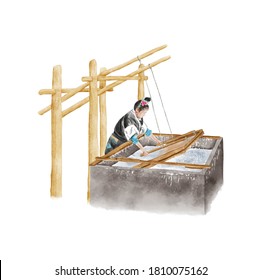 Watercolor Illustration Of A Chinese Miao Girl Making Paper In Natural And Ancient Way. Isolated On White Background.  | 丹寨造纸