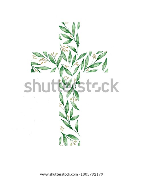 watercolor illustration.  Christian\
cross of green leaves  for Easter, cards, invitations,\
baptism