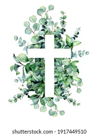 Watercolor illustration   The Christianity cross  is white background green leaves  eucalyptus   Design for invitations  Easter  church  holiday  christian cards