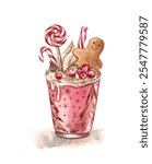 Watercolor illustration of the Christmas beverage in a paper cup. Coffee with milk is decorated with candy canes, cranberries and gingerbread man. For greeting cards, postcards, art prints, stickers