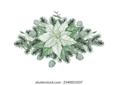 A watercolor illustration of a Christmas bouquet featuring a white poinsettia, pine branches, and eucalyptus leaves. Ideal for holiday decor, Christmas cards, and winter-themed projects.  - Powered by Shutterstock