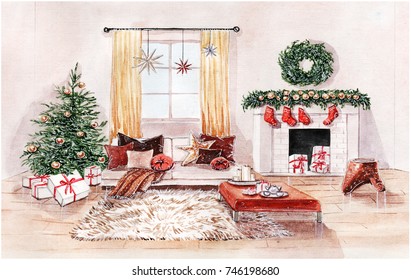Watercolor illustration of Christmas interior of living room with fireplace, sofa, pillows, christmas tree and decor.
