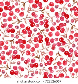 Watercolor Illustration. Christmas Seamless Pattern Of Leaves And Red Berry