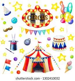 Watercolor Illustration Of Circus Set