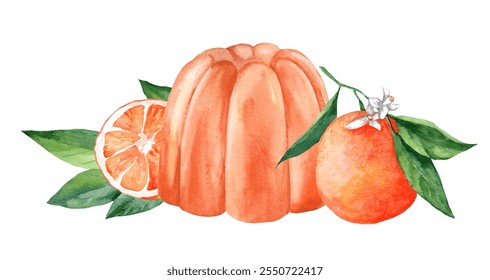 Watercolor illustration of citrus jelly dessert with fresh fruit. Healthy sweets made from orange juice and gelatin isolated on white background - Powered by Shutterstock