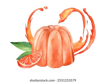 Watercolor illustration of citrus jelly dessert with fresh fruit. Healthy sweets made from orange juice and gelatin isolated on white background - Powered by Shutterstock