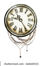 Watercolor Illustration With Clock And Chain. Gothic Background. Cool Print On T-shirt, Tattoo. Retro