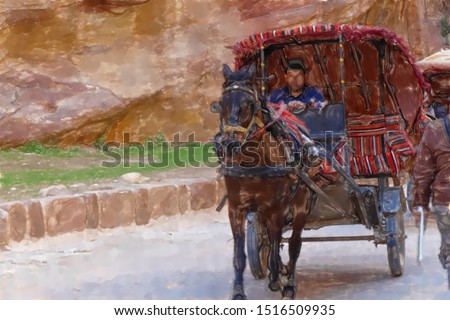 watercolor illustration: A coach for tourists with a coachman and a horse leaves the Siq of Petra and drives to the visitor centre at high speed, middle east