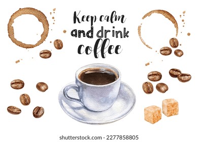 Watercolor illustration of coffee and desserts close up. A hand-drawn set of drinks, coffee and desserts. Design template for packaging, menu, postcards - Powered by Shutterstock