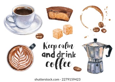 Watercolor illustration of coffee and desserts close up. A hand-drawn set of drinks, coffee and desserts. Design template for packaging, menu, postcards - Powered by Shutterstock