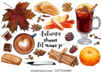 Watercolor illustration of coffee, mulled wine, pumpkin, spices, leaves and desserts close up. A hand-drawn Halloween autumn set. - Powered by Shutterstock