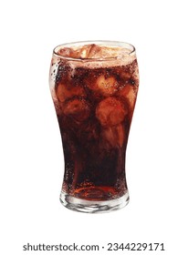 Watercolor illustration of cola glass with ice, isolated on white background.