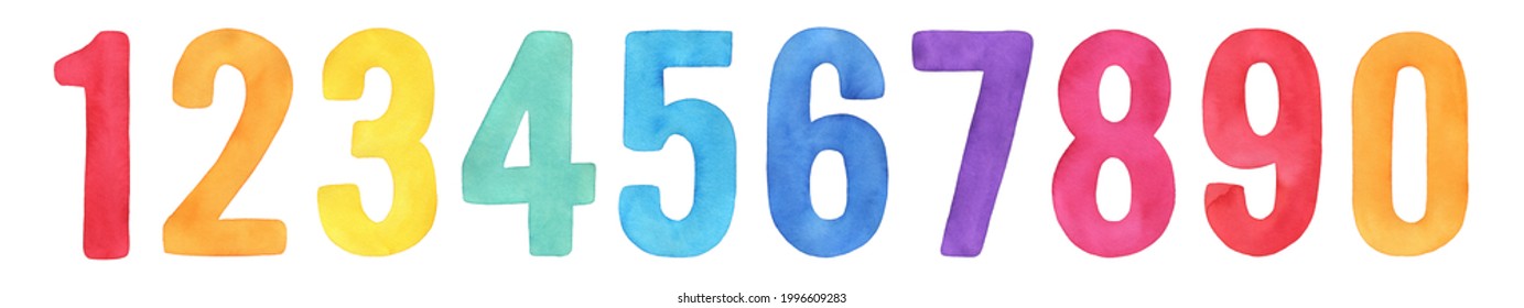 Watercolor illustration collection of various multi colored numbers from 1 to 0. Hand painted watercolour drawing on white background, isolated elements for creative design, sticker, invitation, card.