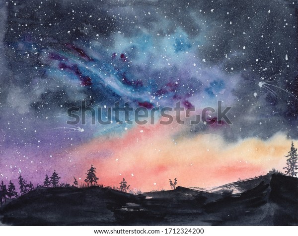 色鮮やかな夜明けの空と モミの木と草のある丘の水彩イラスト のイラスト素材