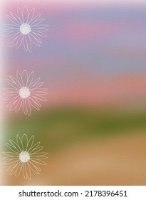 Watercolor illustration with a colorful gradient background with 3 white daisy flowers running from to top to bottom.