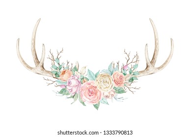 Watercolor illustration. Composition of flowers and horns in gentle pastel colors. Element for design. Bohemian, boho chic style