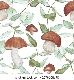 watercolor illustration composition of mushrooms and eucalyptus twigs, seamless pattern for textiles, wrapping paper, scrapbooking, scandinavian style