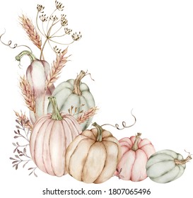 Watercolor illustration of corner border with pumpkins and ears of wheat, flowers of dill. Fall and Thanksgiving arrangement. Harvest concept.