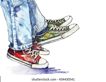 Watercolor Illustration Of A Couple In Sneakers