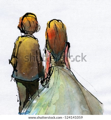 watercolor illustration of couple in wedding suite and dress, handmade traditional artwork scanned