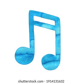 Watercolor Illustration Of Creative Music Note Symbol. Beautiful Light Blue Color Gradient, Artistic Brushstrokes And Washes. Hand Drawn Watercolour Graphic Drawing, Cutout Clipart Element For Design.