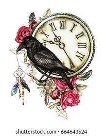 watercolor illustration and crow  red roses  clock  keys   feathers  Gothic background and flowers  Cool print T  shirt  Tattoo  Vintage