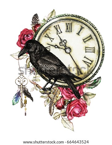 watercolor illustration with crow, red roses, clock, keys and feathers. Gothic background with flowers. Cool print on T-shirt, Tattoo. Vintage