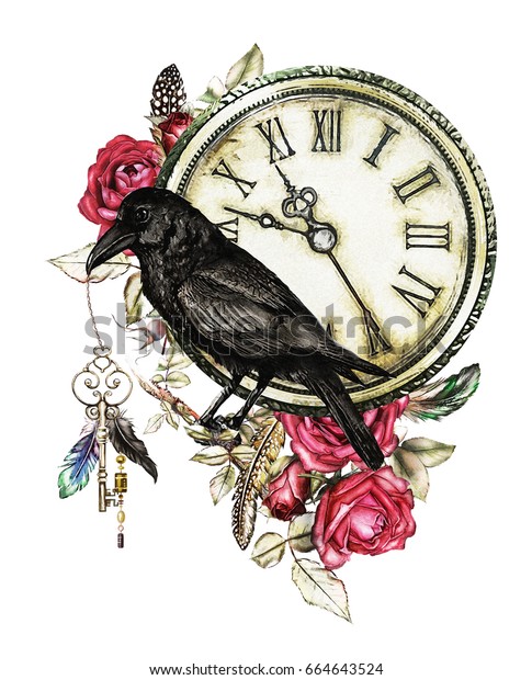 カラス 赤いバラ 時計 鍵 羽の付いた水彩イラスト ゴシックの背景に花 Tシャツ タトゥーの格好いい印刷 ビンテージ のイラスト素材