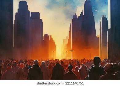 Watercolor Illustration Of A Crowded Street In The Sunset Light.