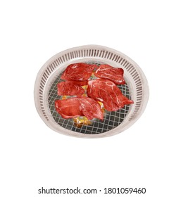 Watercolor Illustration of a Cuisine - Sliced beef on a hot grill