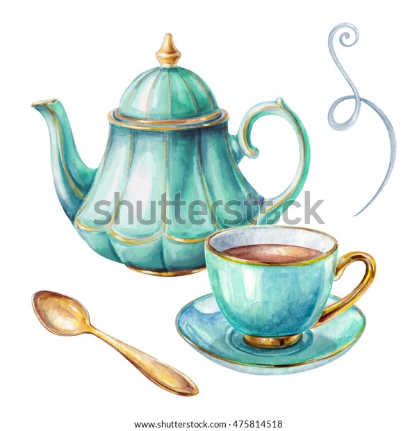 白い背景に水彩イラスト 茶カップ ティーポット スプーン のイラスト素材