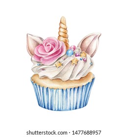 Watercolor illustration of cupcake with golden unicorn horn and creamy flower. Hand drawn illustration of a dessert with decorative elements isolated on white