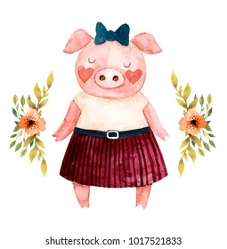 Watercolor illustration. Cute animals. Pig with flowers
