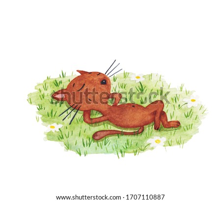 Watercolor illustration of a cute brown cat lying on the ground  in green grass