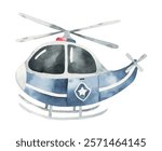 Watercolor illustration of cute cartoon blue police helicopter on white background. Police illustration for children. Cute emergency vehicle. Police vehicles. Patrol. Kids room decor. Baby.