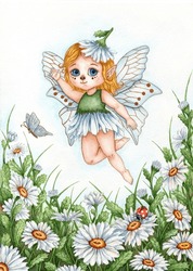 Watercolor Illustration Of A Cute Cartoon Daisy Fairy. Fairytale Flower Children's World. Fantastic Flower Garden. Suitable For Designing Children's Printing Products. Isolated On White Background.