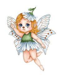 Watercolor Illustration Of A Cute Cartoon Daisy Fairy. Fairytale Flower Children's World. Fantastic Flower Garden. Design For Greeting Card, Banner, Flyer, Cover, Poster And Print On Other Product. 