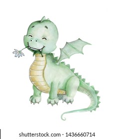 Watercolor illustration of cute cartoon pretty little dragon. Hand drawn, isolated on white background.