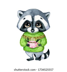 Watercolor illustration of a cute cartoon raccoon in a sweater with a cup of tea on a white background