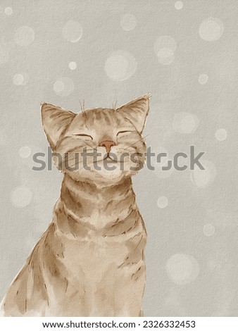 Watercolor illustration of a cute cat. A gentle smile, closed eyes, on a light, unobtrusive background
