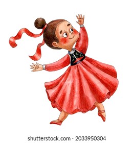 Watercolor Illustration Of Cute Dancer Girl. Russian Folk Dress. Funny Little Dancer. Smiling Baby. Braid Hair. Little Girl Portrait. Cartoon Style Of Illustration. Hand Drawn Art. Red Dress.