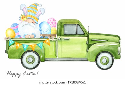 Watercolor illustration. Cute Easter gnome. Easter old truck on a white background.