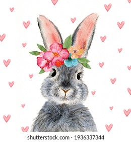 Watercolor illustration cute fluffy grey rabbit and pink ears in white background and pink hearts   flowers 