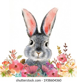 Watercolor illustration cute fluffy grey rabbit and pink ears in blank background and colorful flowers