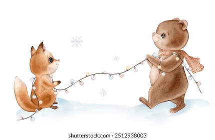 Watercolor illustration cute forest animals with winter scarves and New year's garland. Bear and fox on the snow with falling snowflakes in pastel colors. Hand drawn illustrations on isolated. - Powered by Shutterstock