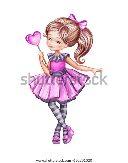 白い背景に水彩イラスト ピンクのハートのロリポップを持つピンクのドレスを着たかわいい女の子 リトルコッケ バレンタイン デーのグリーティングカード 10代 白い背景に のイラスト素材