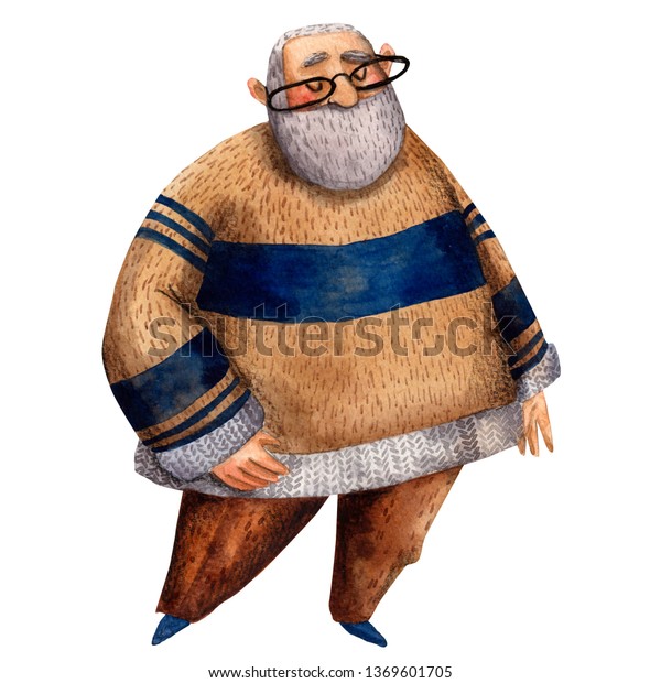 かわいいおじいさんの水彩イラスト おじいちゃんの手描きのお父さんやおじいちゃんにはカードになる 居心地の良いセーターを着た笑顔の老人 のイラスト素材 1369601705