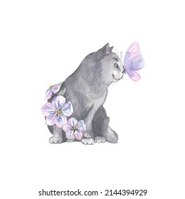 Watercolor illustration cute gray cat and butterfly its nose  Airy  light  gentle  flying  For banner design  postcards  clothing  design  posters  wallpaper 