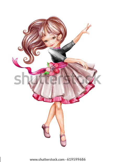 水彩イラスト かわいい小さなバレリーナ チュツのスカートを着た若い女の子 踊る子 人形 クリップアート 白い背景 のイラスト素材